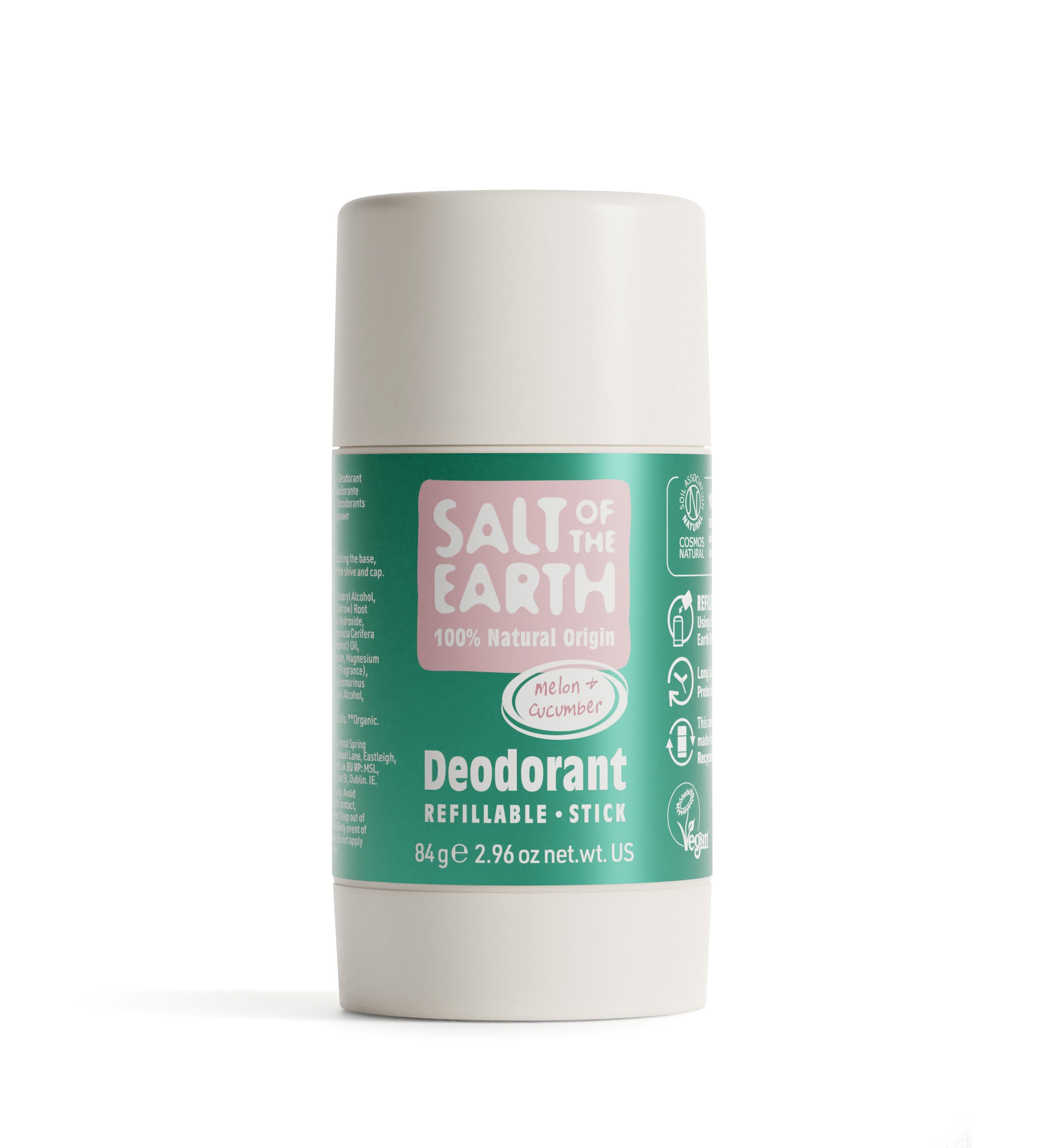 Salt of the Earth 84g Melon &amp; Cucumber natural deodorant stick with refillable packaging.