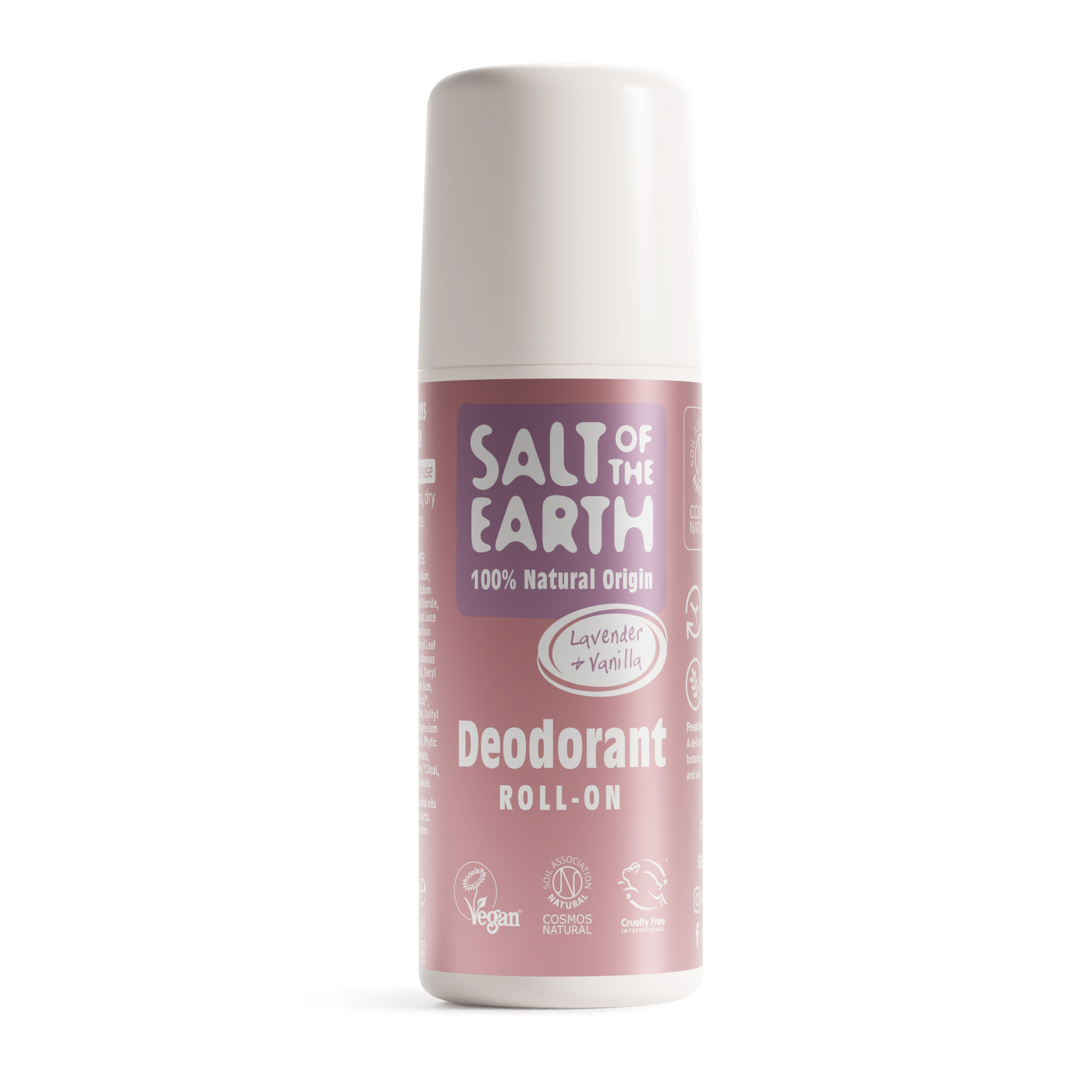 Salt of the Earth 75ml Lavender & Vanilla natural deodorant roll-on with 100% natural origin ingredients.