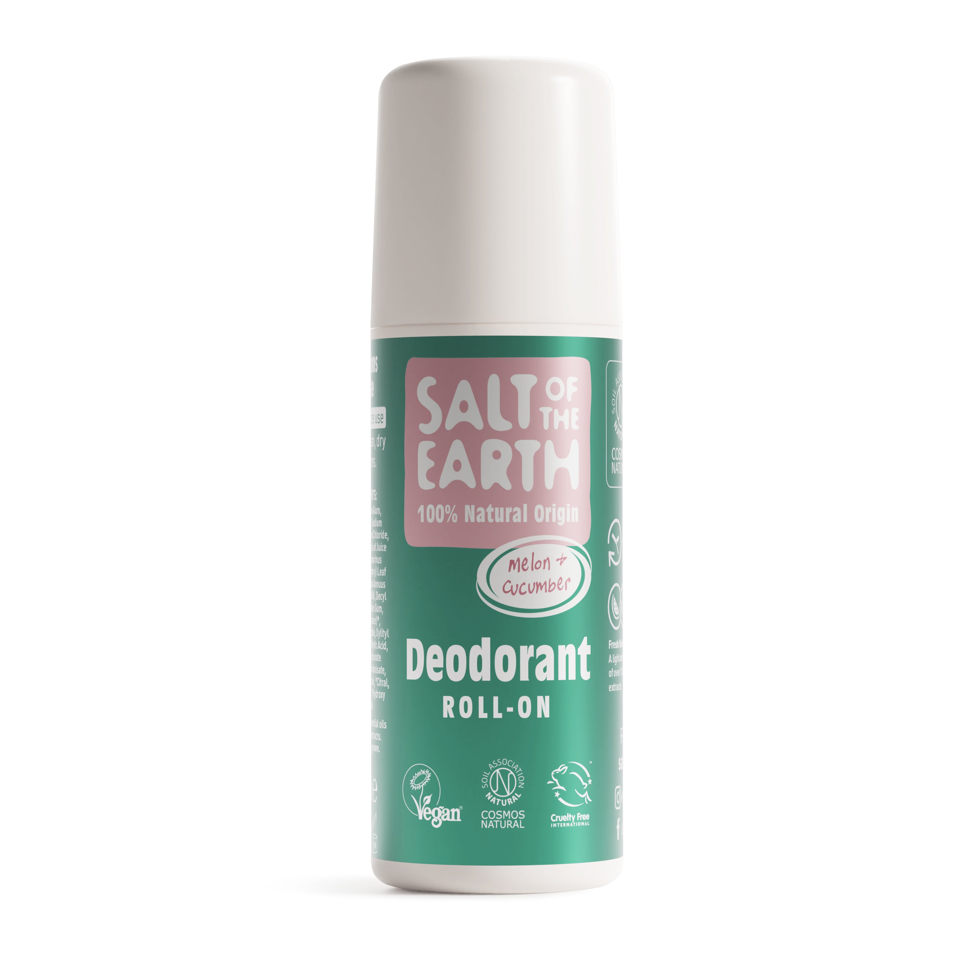 Salt of the Earth 75ml Melon & Cucumber natural deodorant roll-on with 100% natural origin ingredients.