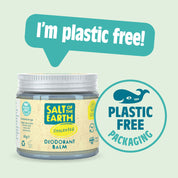 Salt of the Earth Unscented deodorant balm in plastic-free, eco-friendly packaging.